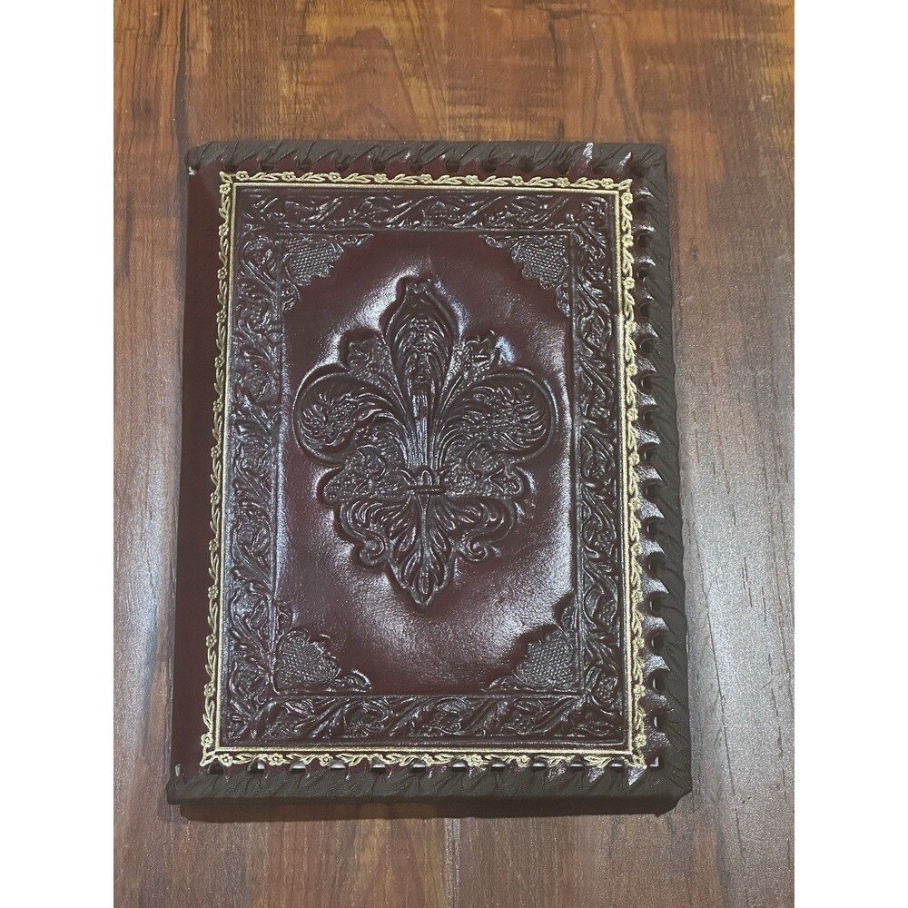 Vintage Fleur De Lis Red Handmade Leather 7.5x5.5” Contact Notebook Cover NOS